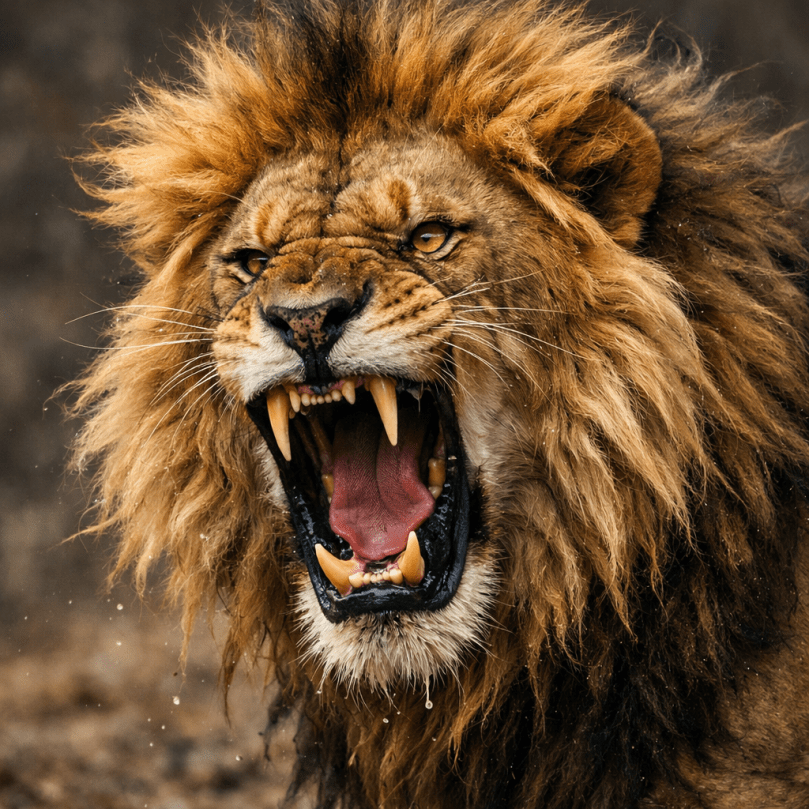 Male lion roaring with mouth wide open and sharp teeth visible